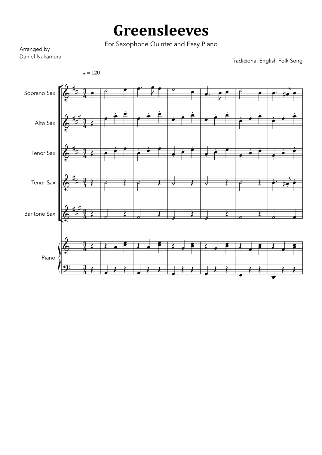 Greensleeves (For Sax Quintet and Easy Piano) (arr. Daniel Nakamura)