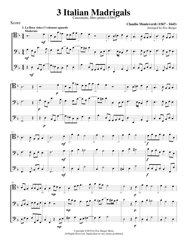 3 Italian Madrigals for Trombone or Low Brass Trio (arr. Eric Burger Music)