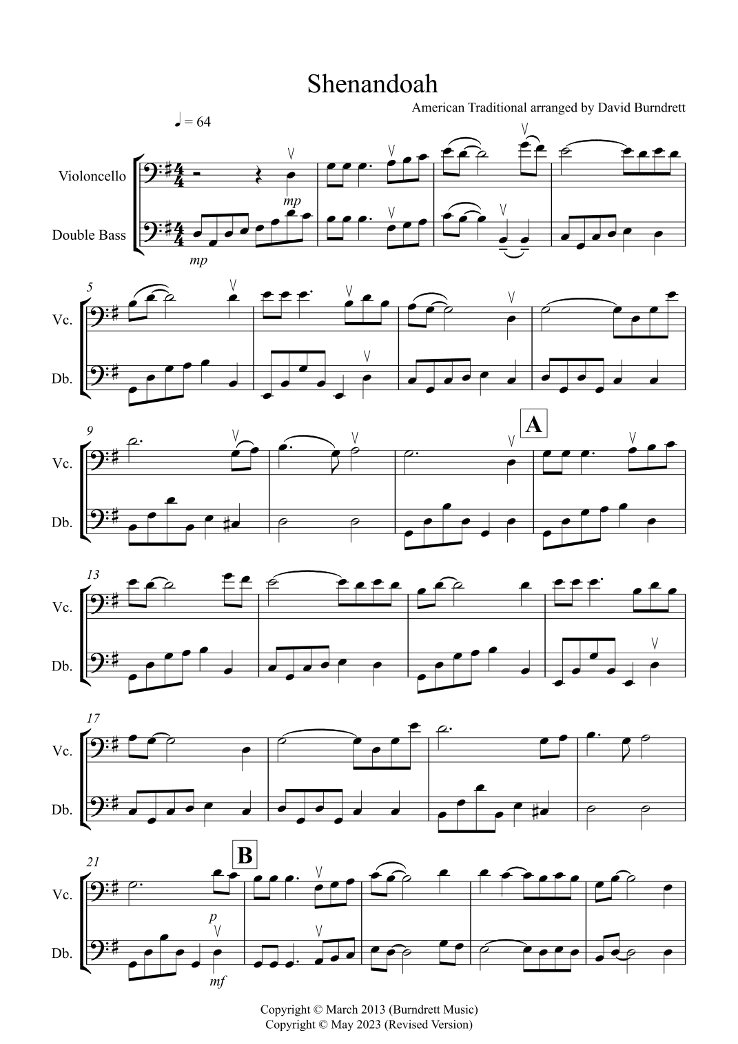 Shenandoah for Cello and Double Bass Duet (arr. David Burndrett)
