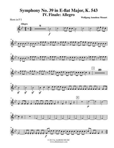 Mozart Symphony No. 39, Movement IV - Horn in F 1 (Transposed Part), K. 543 (arr. Doug Clyde)