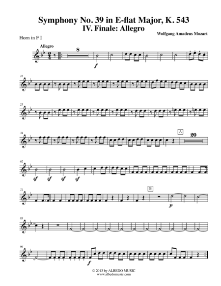 Mozart Symphony No. 39, Movement IV - Horn in F 1 (Transposed Part), K. 543 (arr. Doug Clyde)