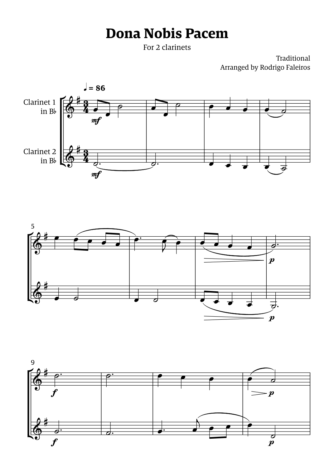 Dona Nobis Pacem - for 2 clarinets (arr. Rodrigo Faleiros)