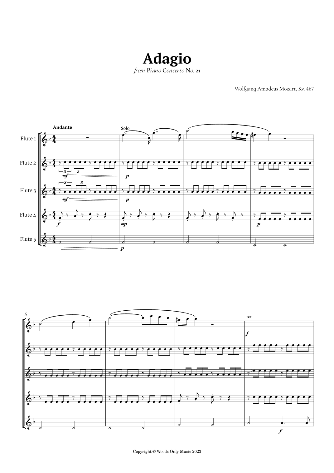 Andante from Piano Concerto No. 21 by Mozart for Flute Quintet (arr. Ander)