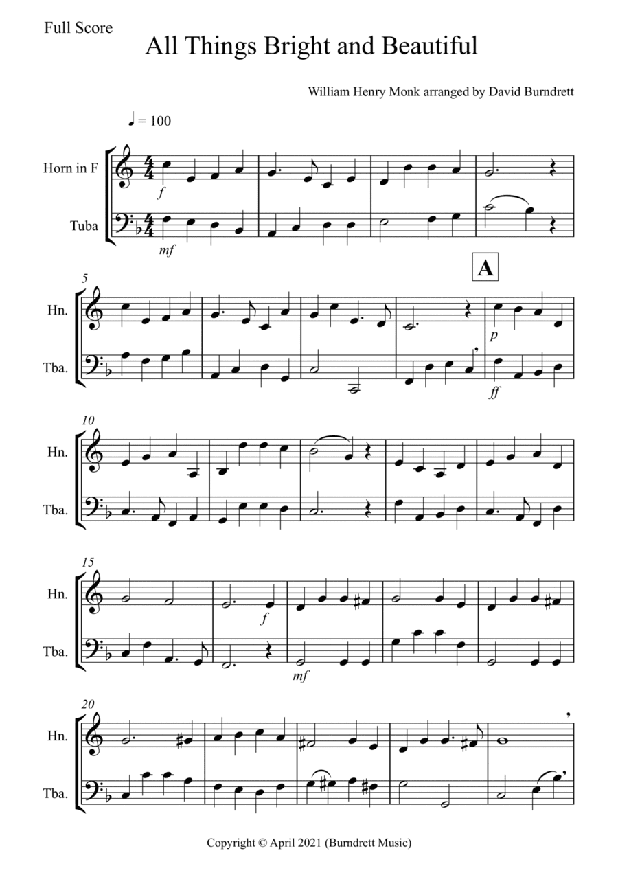 All Things Bright and Beautiful for French Horn and Tuba Duet (arr. David Burndrett)