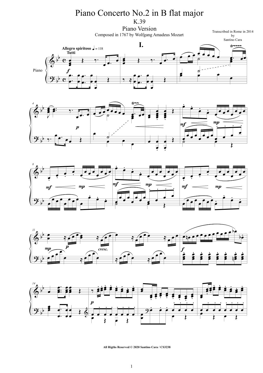 Mozart - Piano Concerto No.2 in B flat major K.39 - Piano Version (arr. Santino Cara)