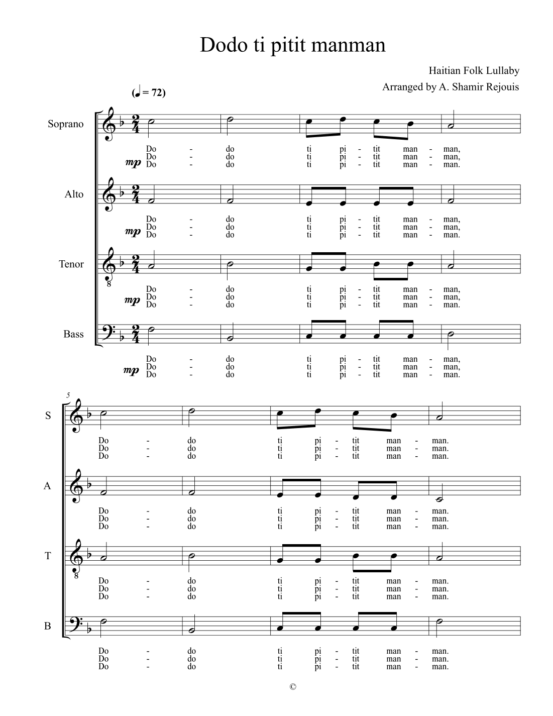 Dodo ti pitit manman (arr. A. Shamir Rejouis)