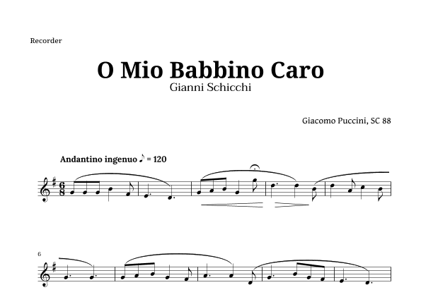O Mio Babbino Caro by Puccini for Recorder (arr. Langanho)