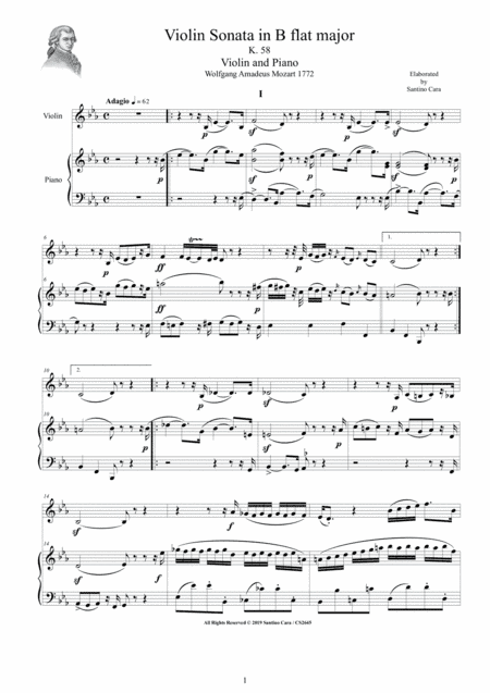 Mozart - Violin Sonata in E flat K 58 for Violin and Piano - Score and Part (arr. Santino Cara)