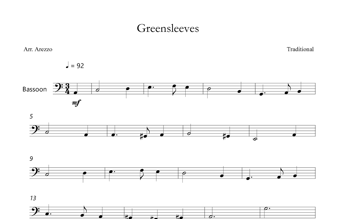 Greensleeves - Lead Sheet for Bassoon (arr. Arezzo Music)