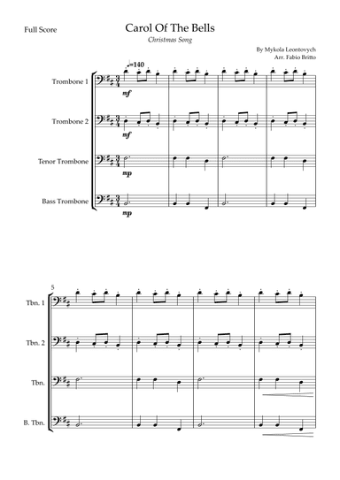 Carol Of The Bells (Christmas Song) for Trombone Quartet (arr. Fabio Britto)