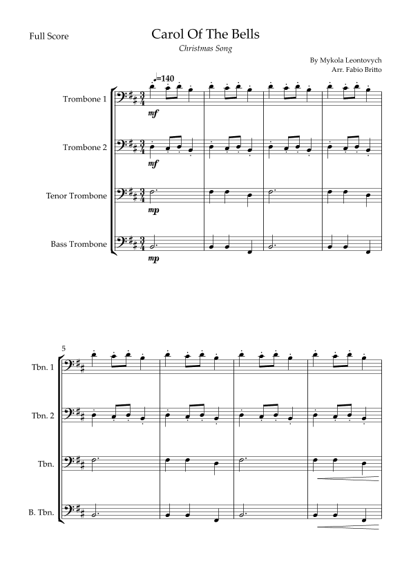 Carol Of The Bells (Christmas Song) for Trombone Quartet (arr. Fabio Britto)