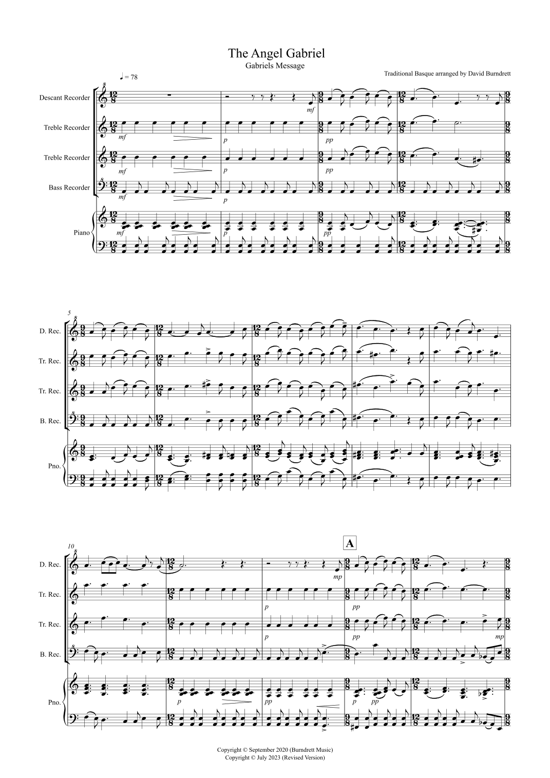 The Angel Gabriel for Recorder Quartet (arr. David Burndrett)