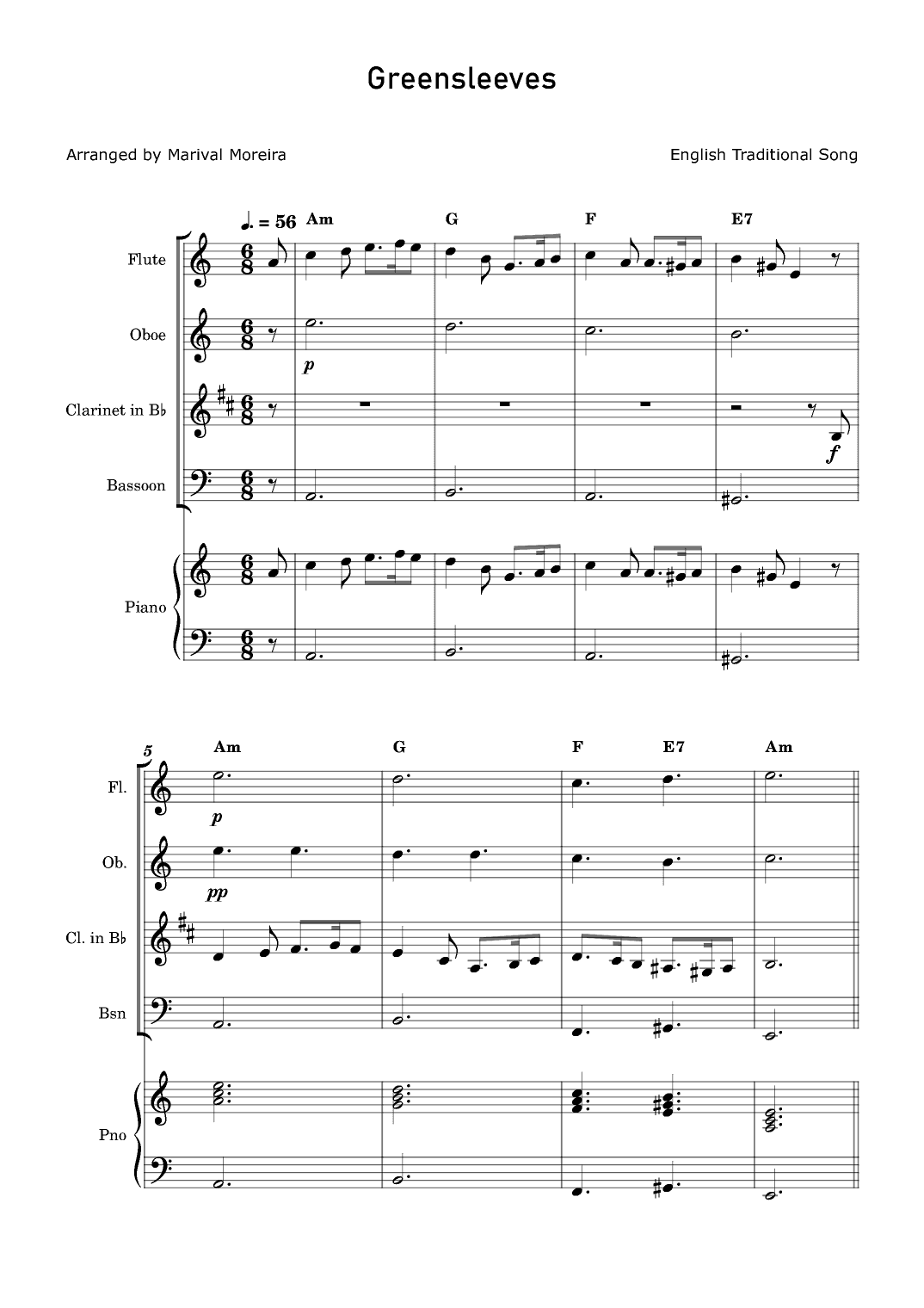 Greensleeves - Wind Quartet and Piano acompaniment (arr. Marival Moreira)