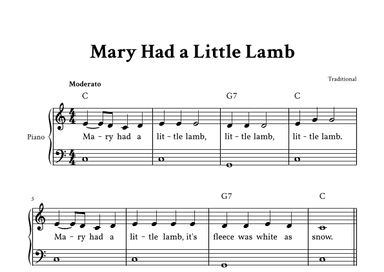Mary Had a Little Lamb - Easy Piano in C (with Lyrics) (arr. Yuri Noronha)