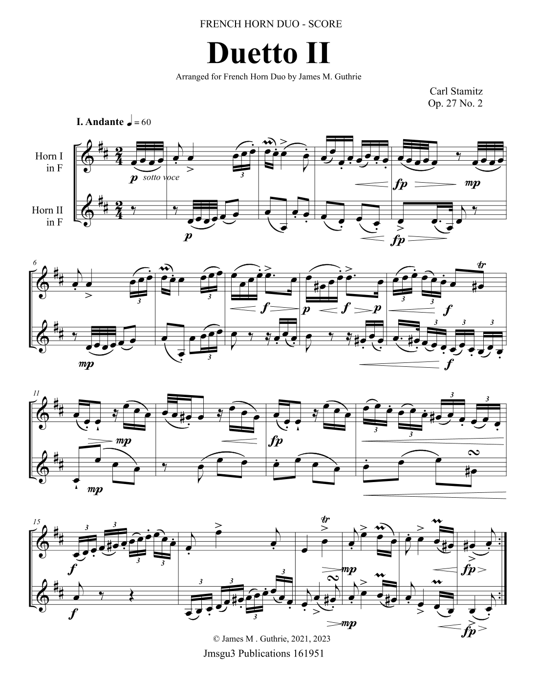 Stamitz: Duet Op. 27 No. 2 for French Horn Duo (arr. James M. Guthrie)