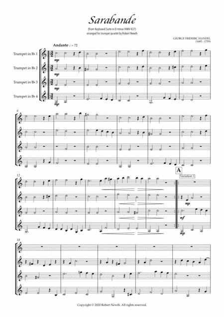 Sarabande from Keyboard Suite in D minor HWV 437 (for Trumpet Quartet) (arr. Robert Newth)