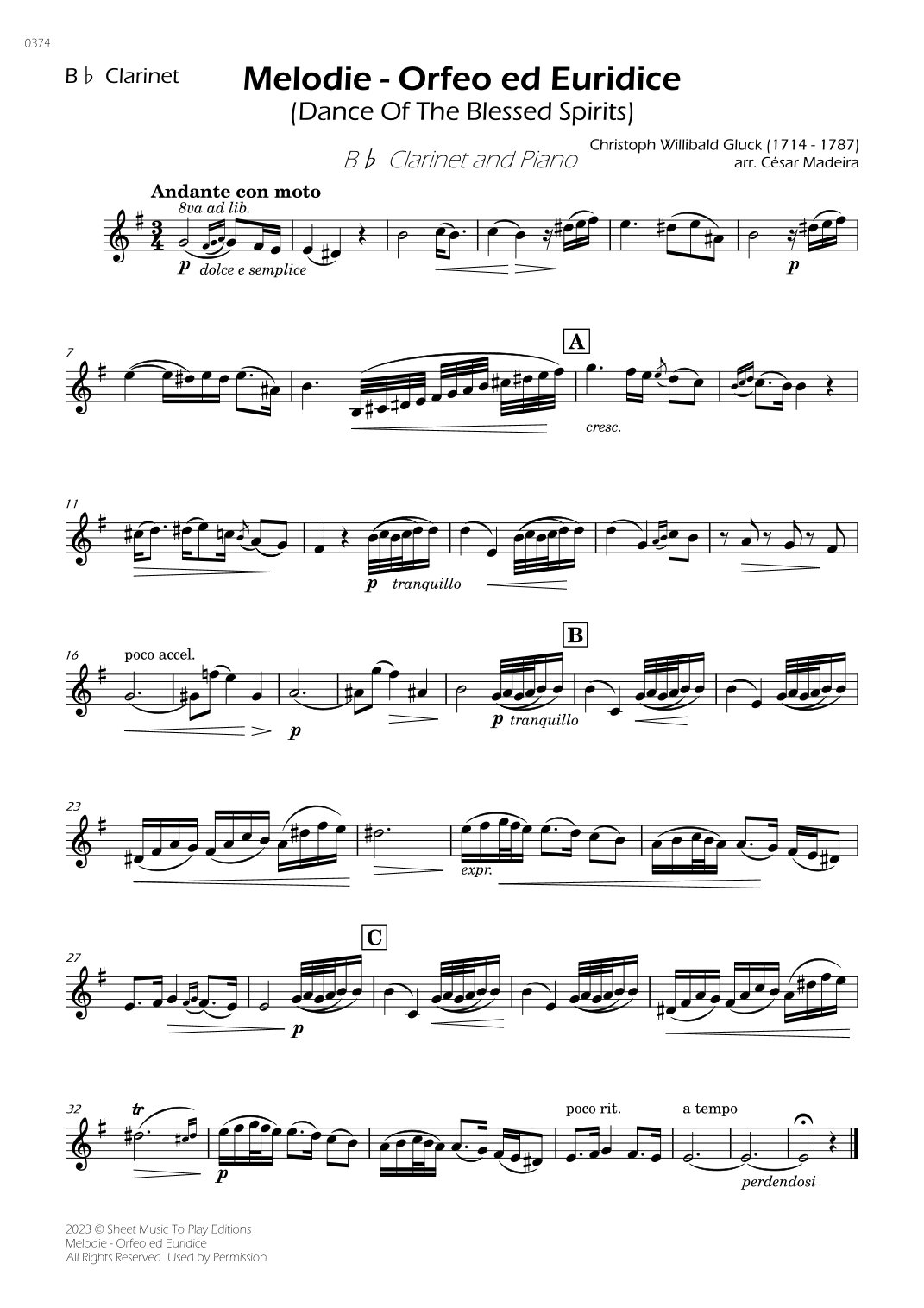 Melodie from Orfeo ed Euridice - Bb Clarinet and Piano (Individual Parts) (arr. César Madeira)