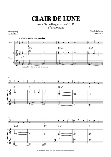 Clair de Lune - Tuba and Piano + CHORDS (arr. Valdir Maia)