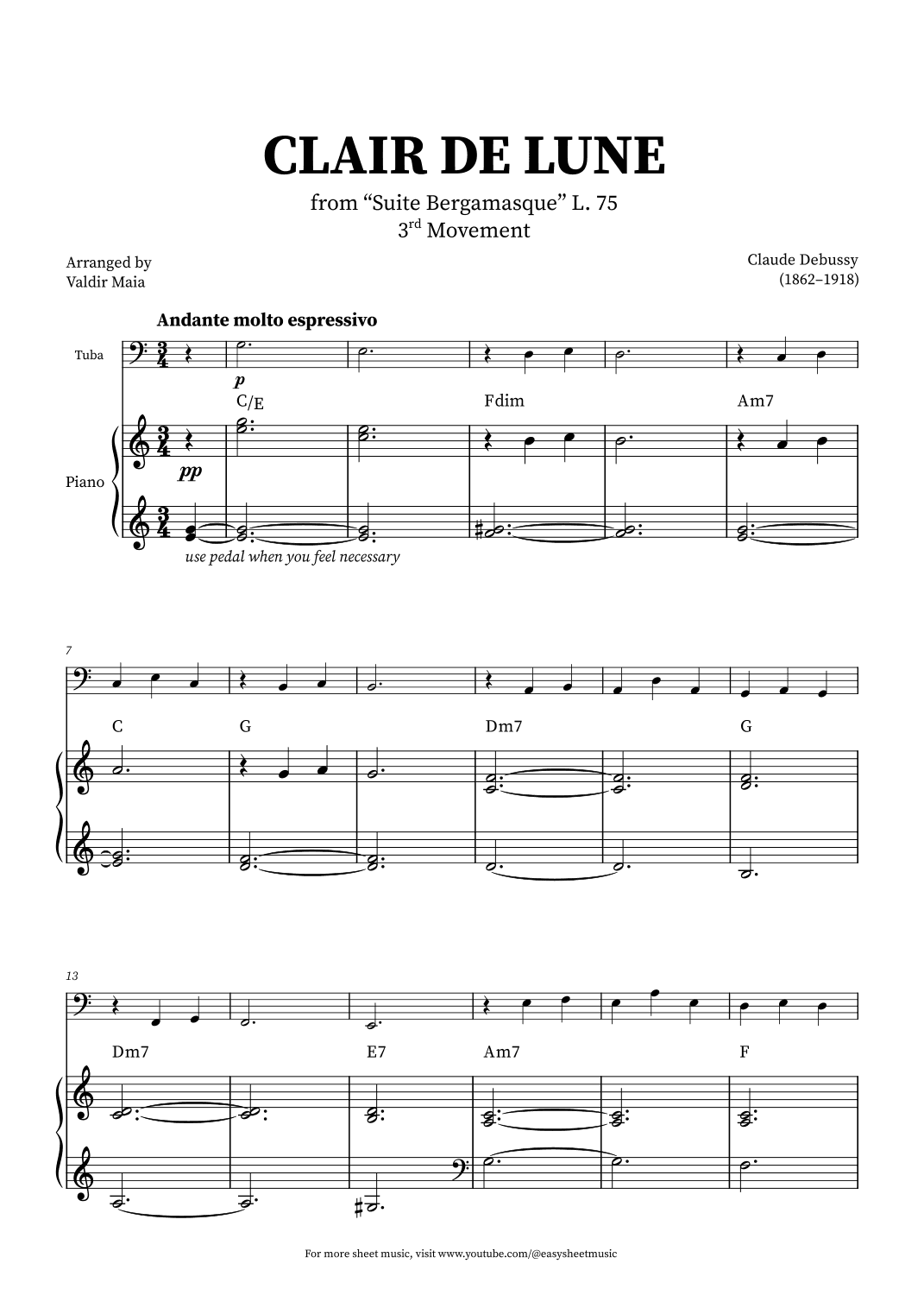 Clair de Lune - Tuba and Piano + CHORDS (arr. Valdir Maia)