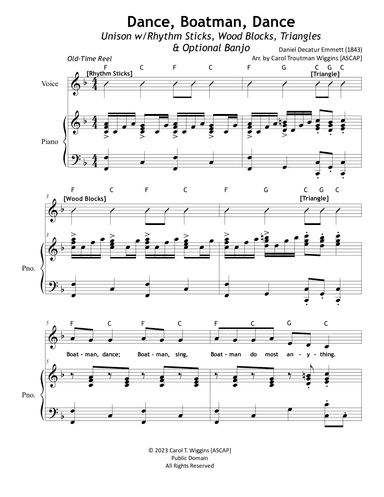 Dance, Boatman, Dance (Unison w/Rhythm Sticks, Wood Blocks, Triangles, & Optional Banjo) (arr. Carol Troutman Wiggins)