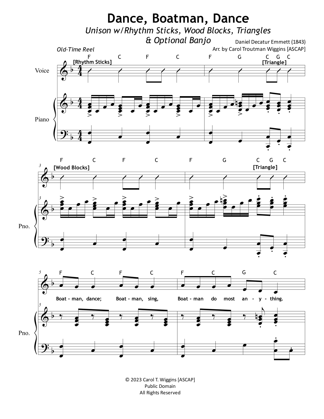 Dance, Boatman, Dance (Unison w/Rhythm Sticks, Wood Blocks, Triangles, & Optional Banjo) (arr. Carol Troutman Wiggins)