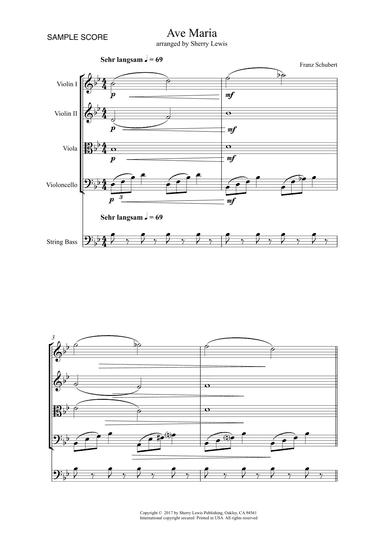 AVE MARIA - Schubert - String Orchestra, Intermediate Level for 2 violins, viola, cello and string b (arr. Sherry Lewis)