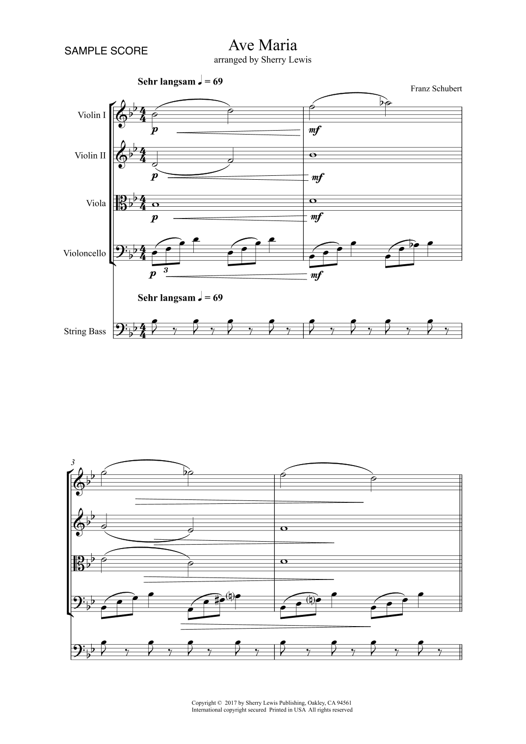 AVE MARIA - Schubert - String Orchestra, Intermediate Level for 2 violins, viola, cello and string b (arr. Sherry Lewis)