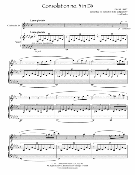 Liszt - Consolation No. 3 in D flat; transcribed for Bb clarinet and piano (arr. Len Rhodes)