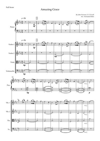 Amazing Grace (John Newton, E. O. Excell) for String Quartet and Piano Accompaniment with Chords (arr. Fernando Britto)