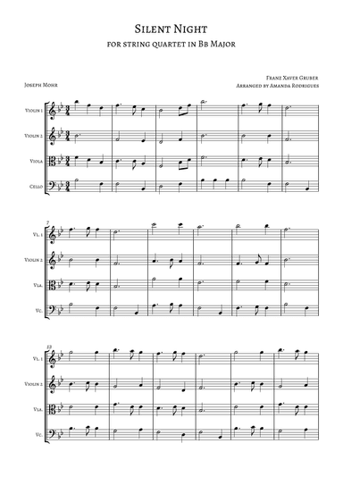 Silent Night for String Quartet in Bb Major (arr. Amanda Rodrigues)