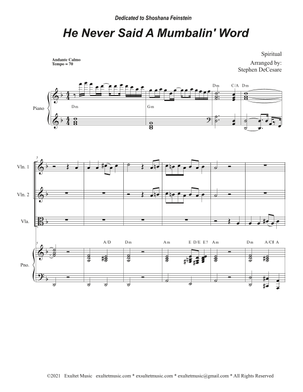 He Never Said A Mumbalin' Word (String Quartet and Piano) (arr. Stephen DeCesare)