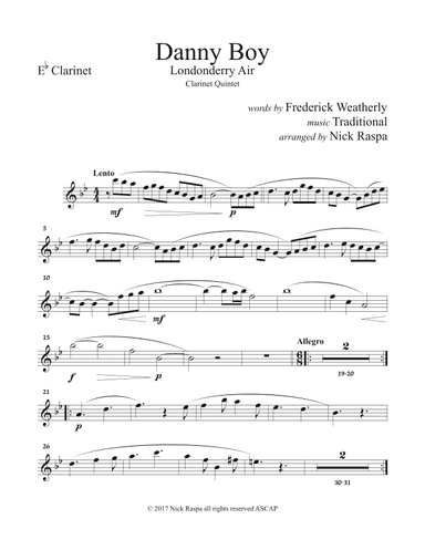 Danny Boy (Clarinet Quintet Eb, Bb(2) B. cl. & Cb. Cl.) Eb Clarinet part (arr. Nick Raspa)
