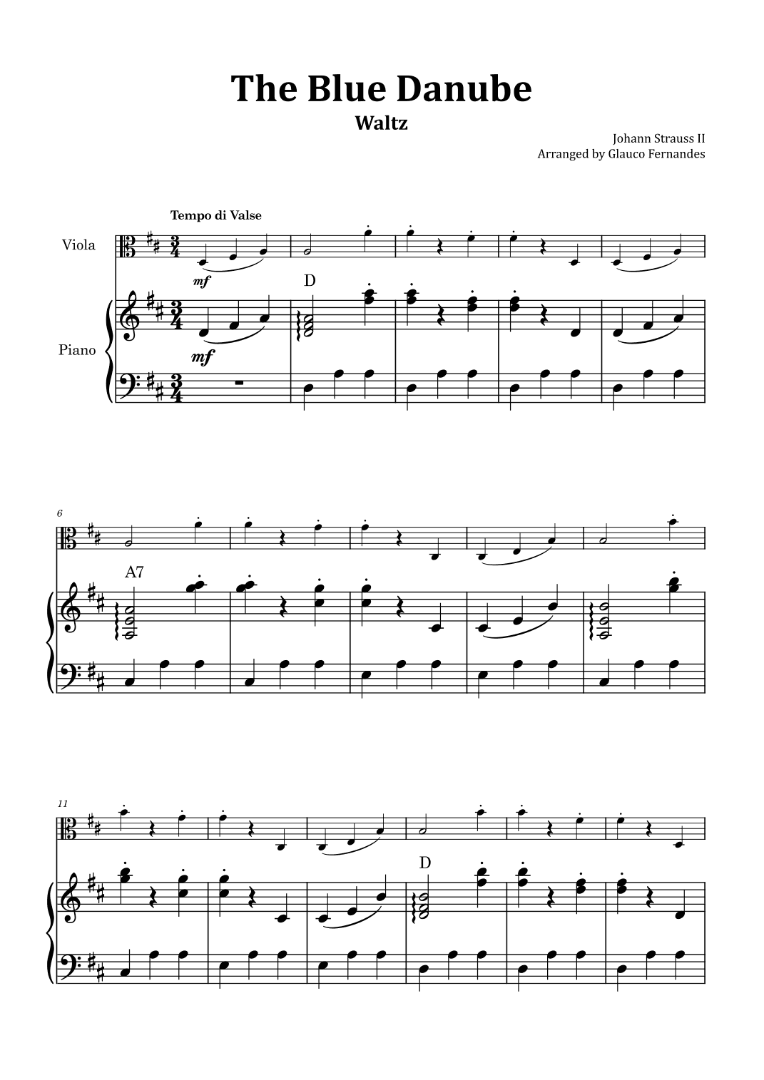 The Blue Danube - Viola and Piano with Chord Notations (arr. Glauco Fernandes)