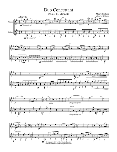 Duo Concertant, Op. 25, Menuetto (iii) for violin and guitar (arr. K. Krantz)