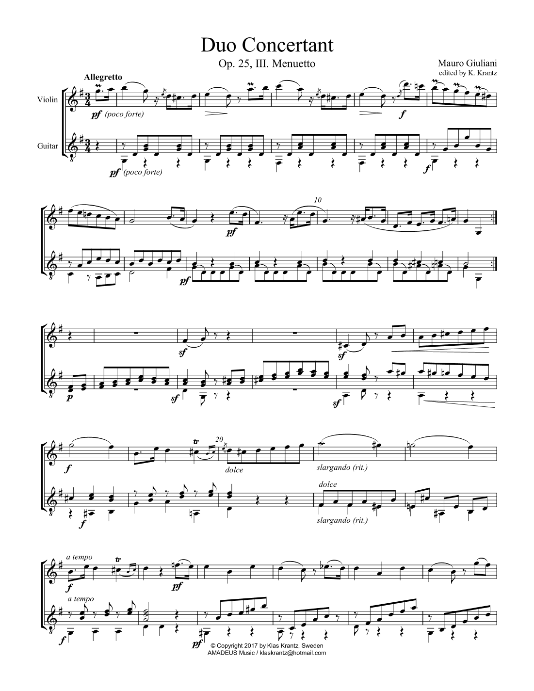 Duo Concertant, Op. 25, Menuetto (iii) for violin and guitar (arr. K. Krantz)