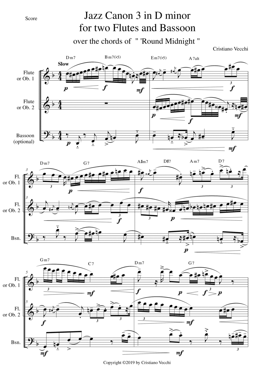 Jazz Canon 3 in D minor for two Flutes and Bassoon