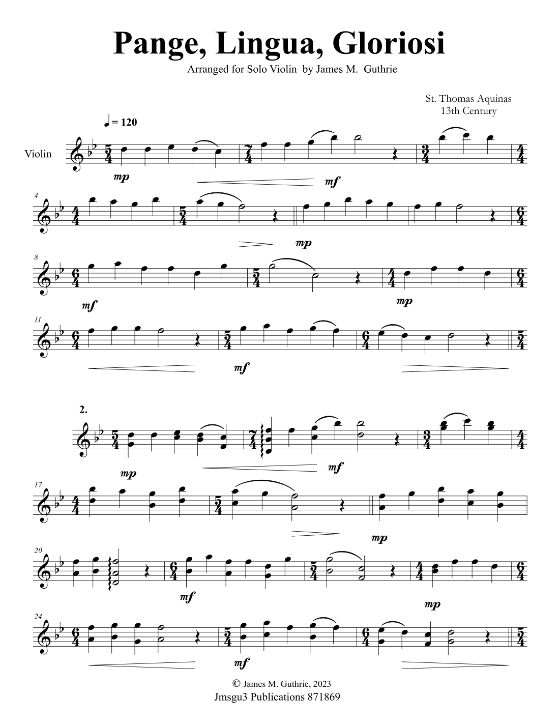 St. Thomas Aquinas: Pange, Lingua, Gloriosi for Solo Violin (arr. James M. Guthrie)