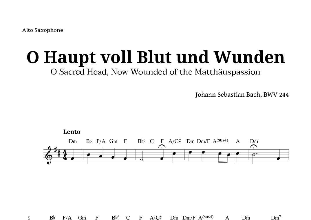 Sacred Head, Now Wounded by Bach for Alto Sax with Chords (arr. Langanho)