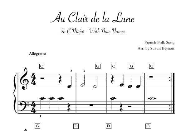 Au Clair de la Lune  ( With Note Names) (arr. Suzan Beyazit)