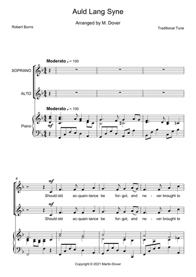 Auld Lang Syne - Two Part Choir SA - Upper Voices (arr. Martin Dover)