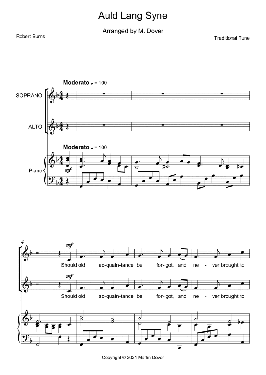 Auld Lang Syne - Two Part Choir SA - Upper Voices (arr. Martin Dover)