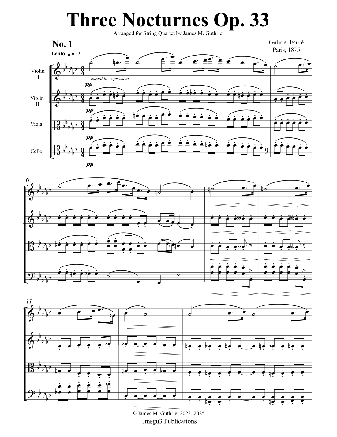 Fauré: Three Nocturnes Op. 33 Complete for String Quartet (arr. James M. Guthrie)