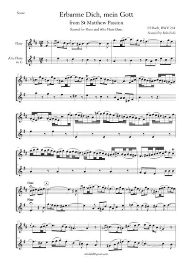 J S Bach Erbarme Dich, mein Gott from St Matthew Passion, BWV 244. Duet for Flute and Alto Flute. (arr. Nils Fahl)