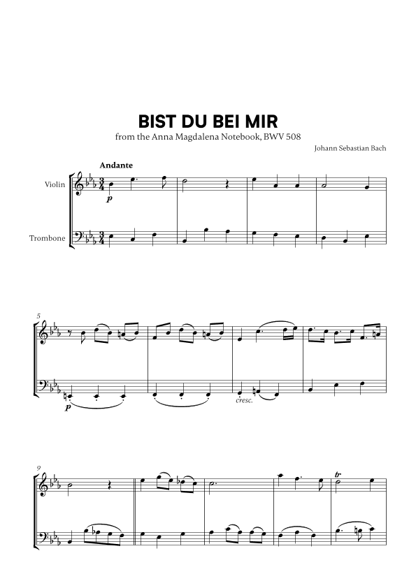 Bist du bei Mir (BWV 508) (for Violin and Trombone) (arr. Cadenza Editions)