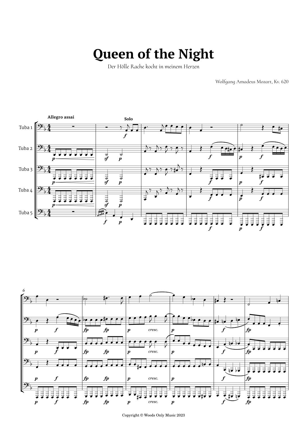 Queen of the Night Aria by Mozart for Tuba Quintet (arr. Ander)