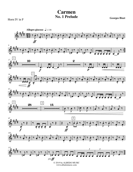 Carmen, No. 1 Prelude - Horn in F 4 (Transposed Part) (arr. Doug Clyde)