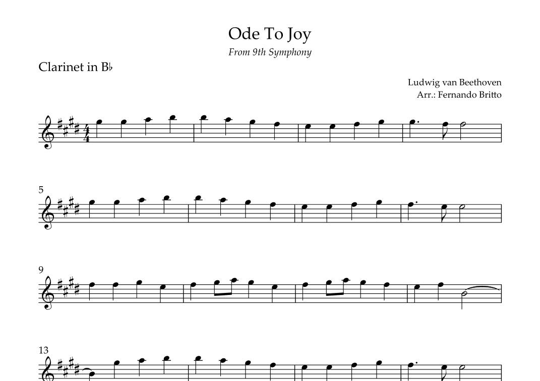 Ode To Joy Theme (from Beethoven's 9th Symphony) for Clarinet in Bb Solo (arr. Fernando Britto)