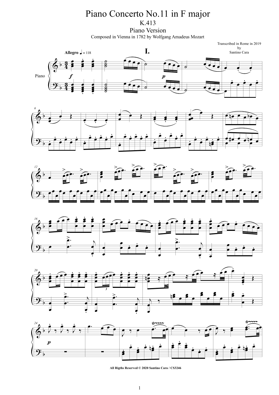 Mozart - Piano Concerto No.11 in F major K.413 - Piano Version (arr. Santino Cara)