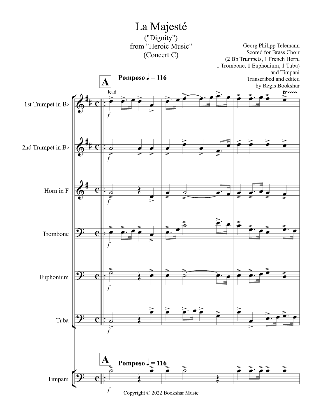La Majeste (from "Heroic Music") (C) (Brass Choir - 2 Trp, 1 Hrn, 1 Trb, 1 Euph, 1 Tuba, Tim (arr. Regis Bookshar)