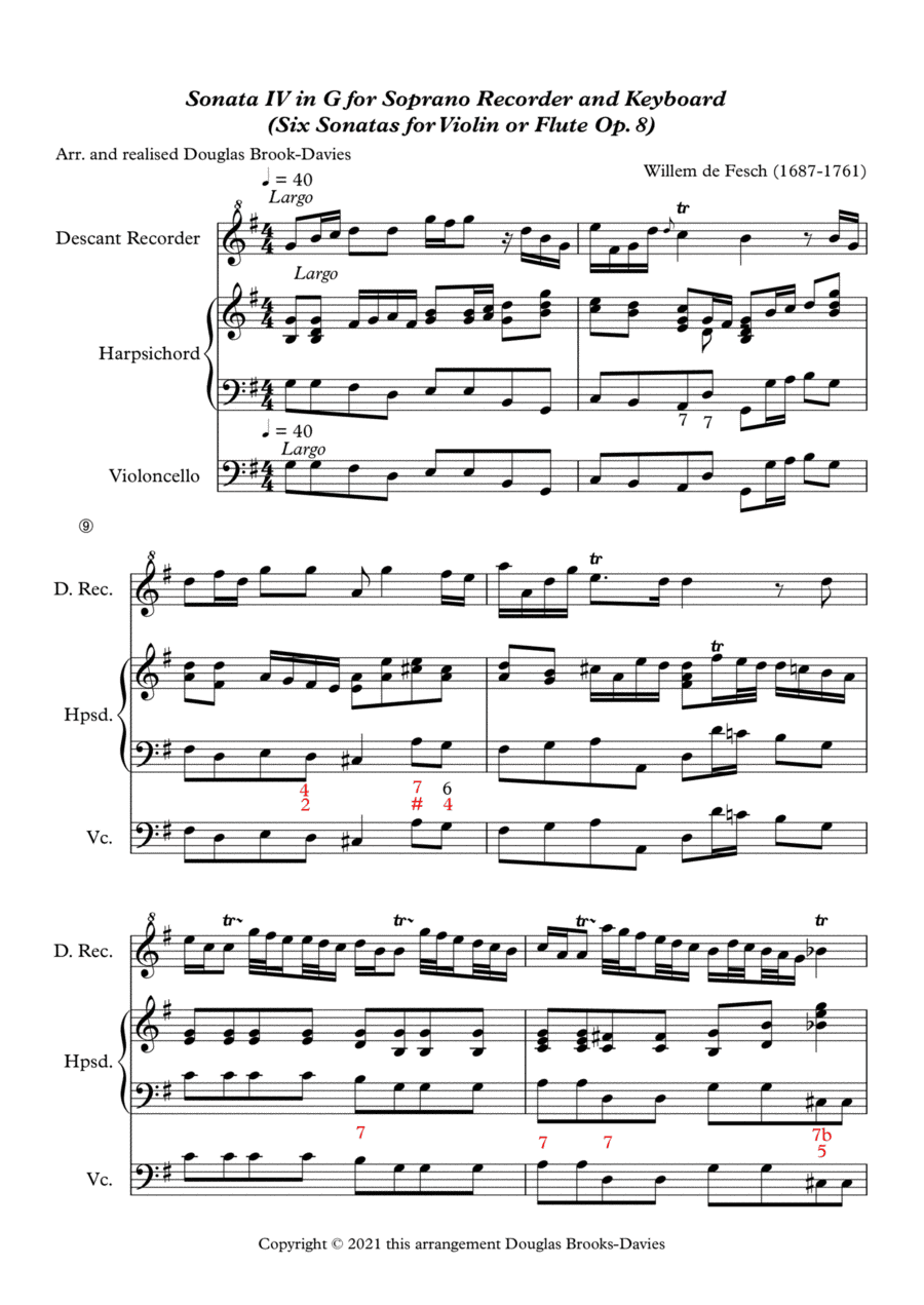 Willem de Fesch, Sonata in G (Op.4, no 4) for Soprano Recorder and Piano or Harpsichord (arr. Douglas Brooks-Davies (1942-))